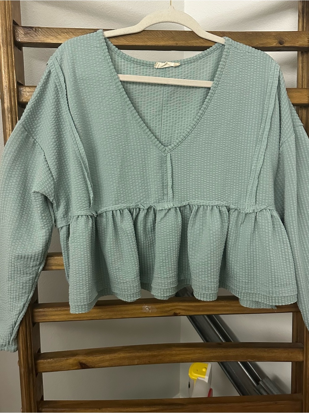 Altar'd State Sage Green Waffle Knit Peplum V-Neck Top